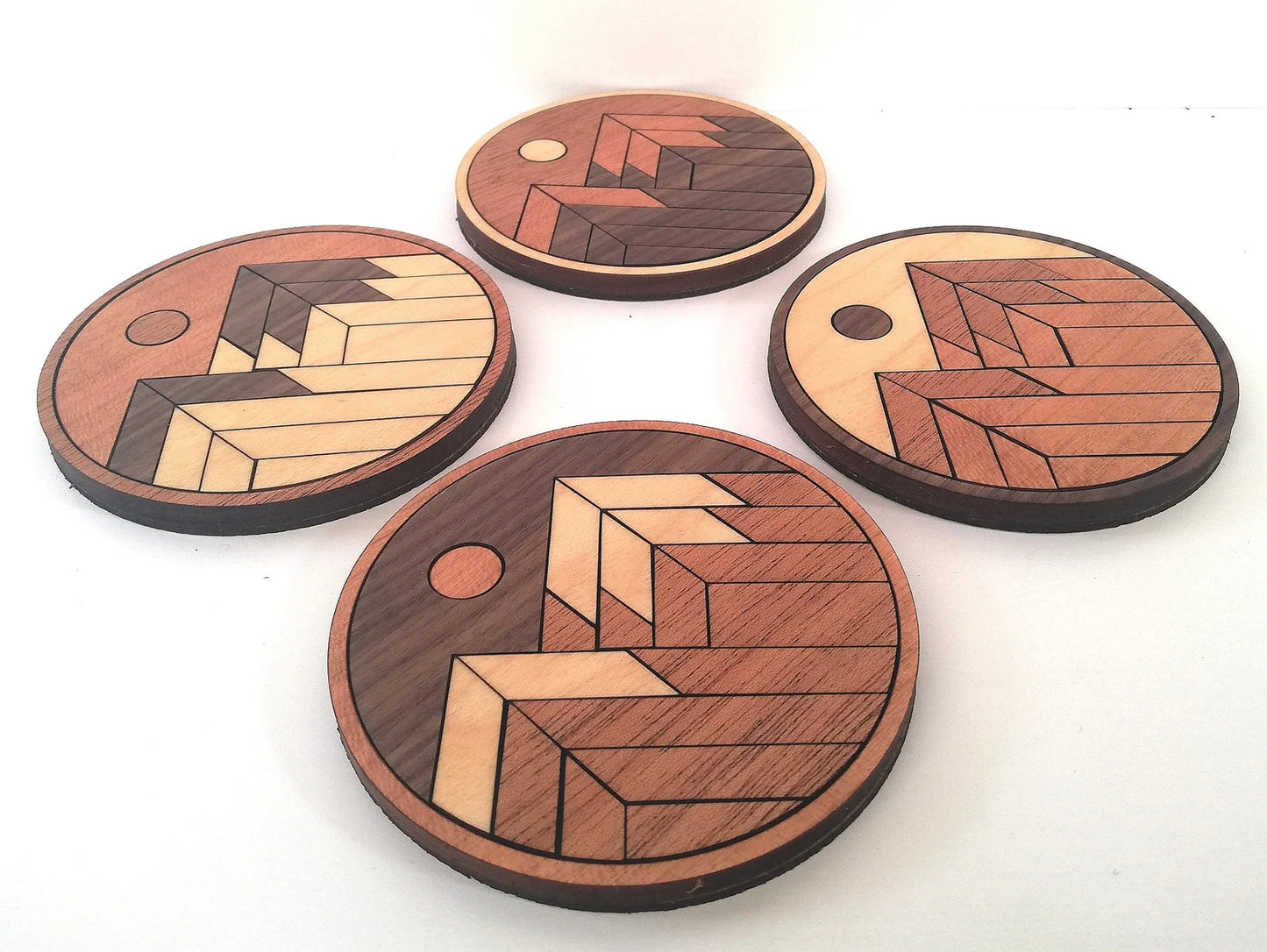 Wood Inlay Coaster Set: Rustic Mountain