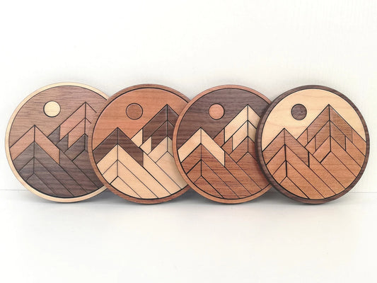Wood Inlay Coaster Set: Rustic Mountain