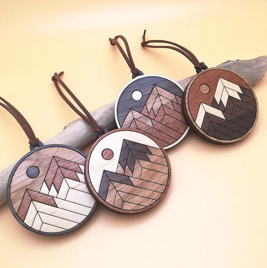 Wood Inlay Ornament Set: Mountains