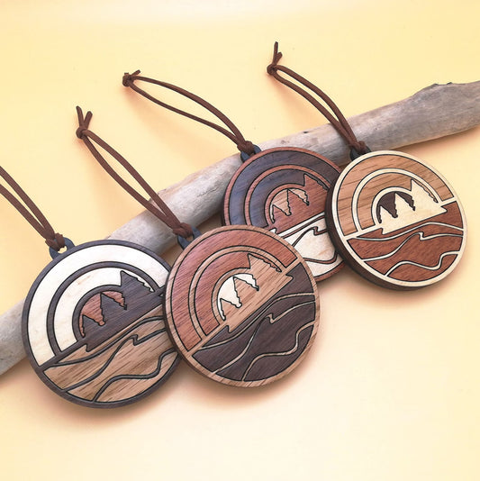 Wood Inlay Ornament Set: Lake Sunset