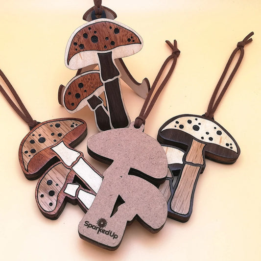Wood Inlay Ornament Set: Mushrooms