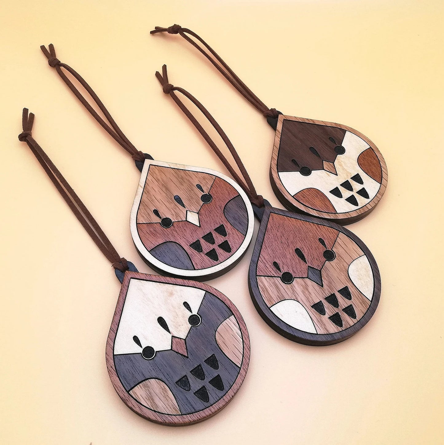 Wood Inlay Ornament Set: Birds (teardrop)