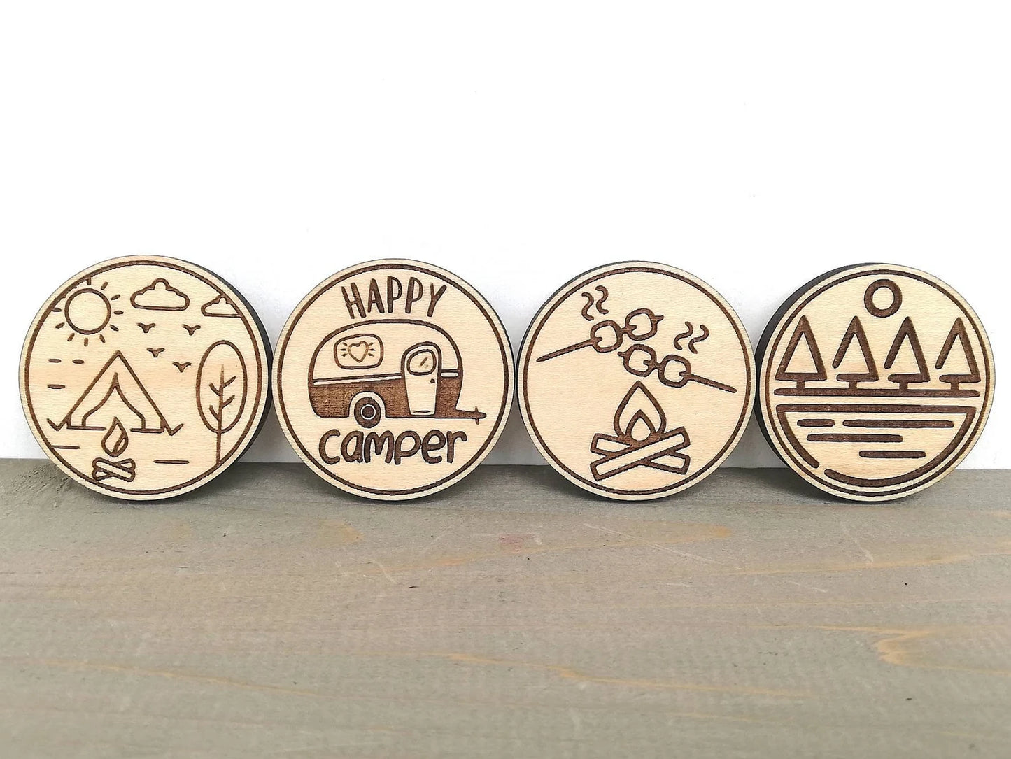 Engraved Wood Fridge Magnet Set: Camping
