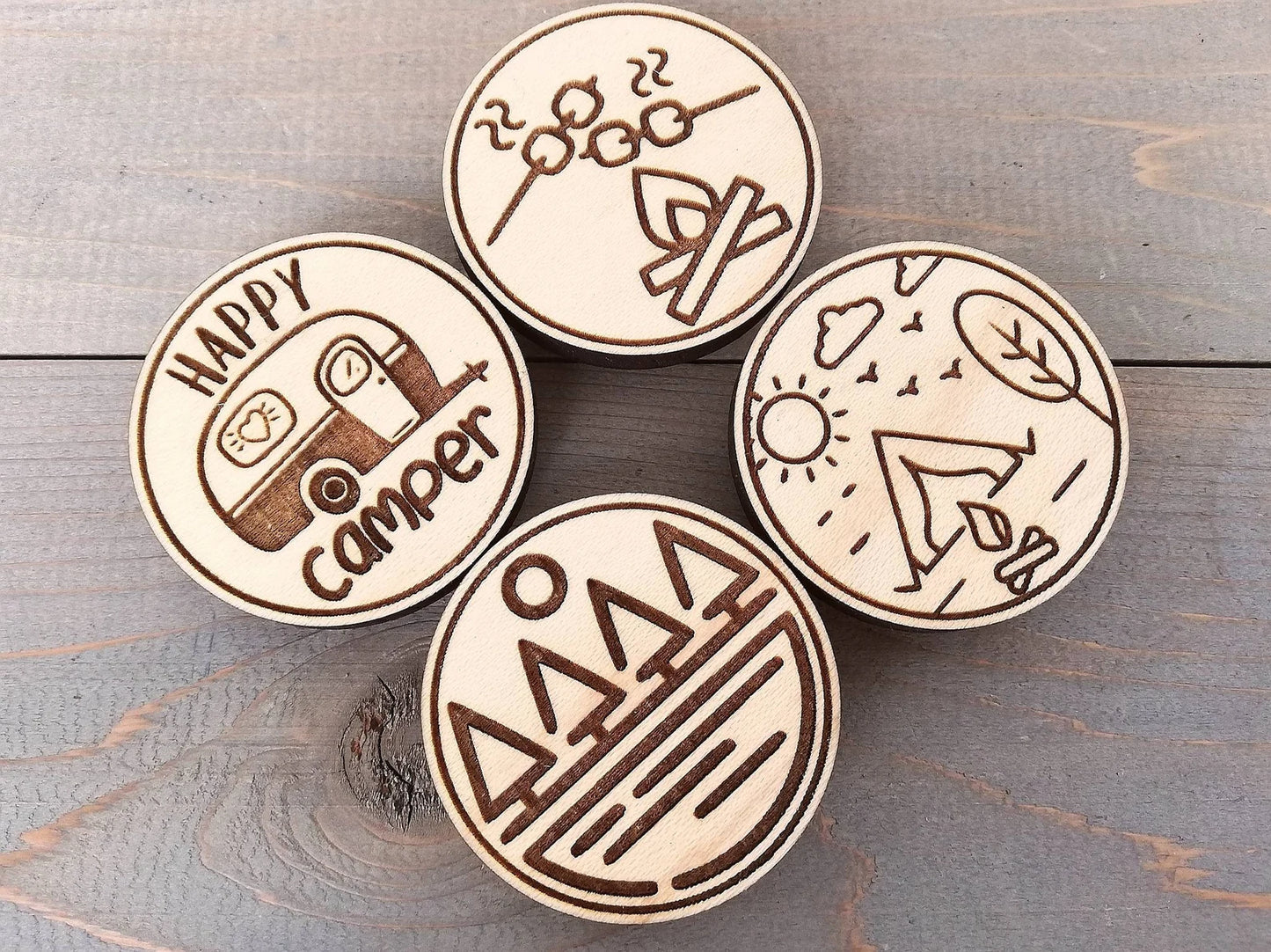 Engraved Wood Fridge Magnet Set: Camping