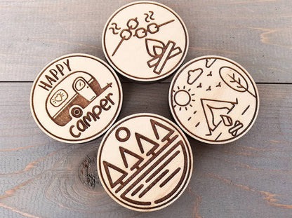 Engraved Wood Fridge Magnet Set: Camping
