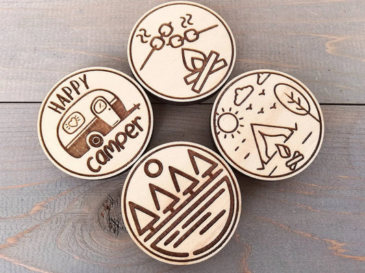 Engraved Wood Fridge Magnet Set: Camping