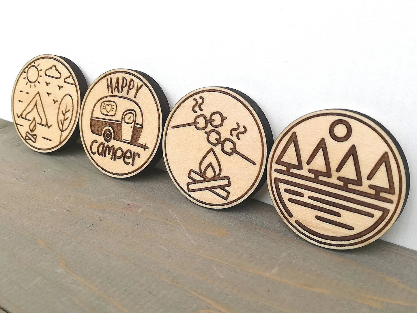 Engraved Wood Fridge Magnet Set: Camping