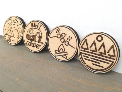Engraved Wood Fridge Magnet Set: Camping