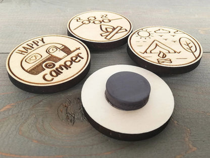Engraved Wood Fridge Magnet Set: Camping