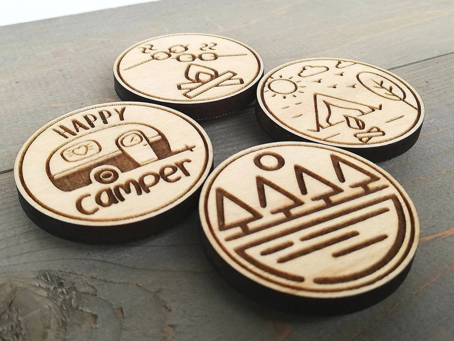 Engraved Wood Fridge Magnet Set: Camping