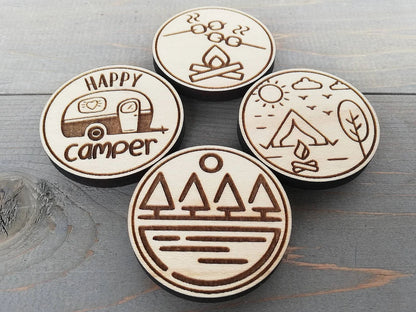 Engraved Wood Fridge Magnet Set: Camping