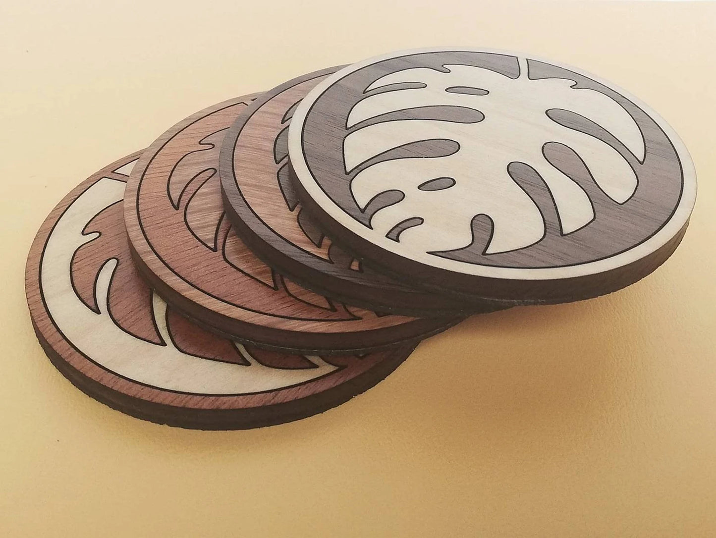 Wood Inlay Coaster Set: Monstera Leaf