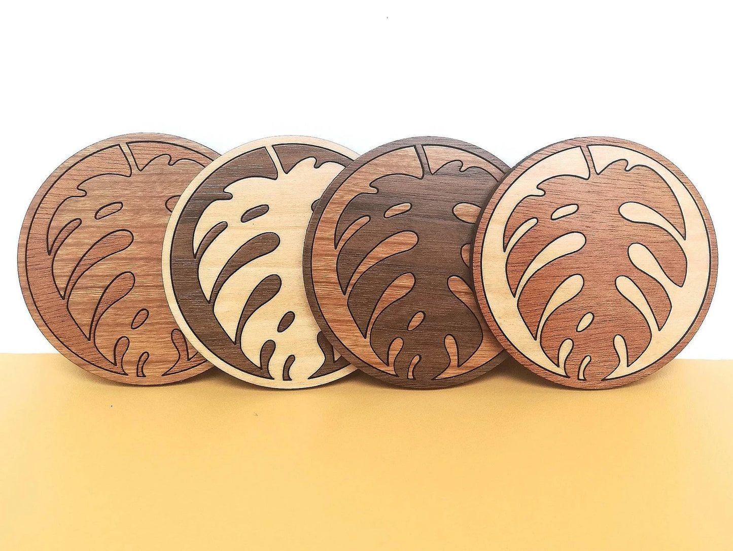 Wood Inlay Coaster Set: Monstera Leaf