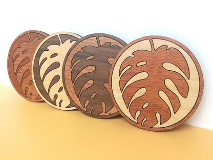 Wood Inlay Coaster Set: Monstera Leaf