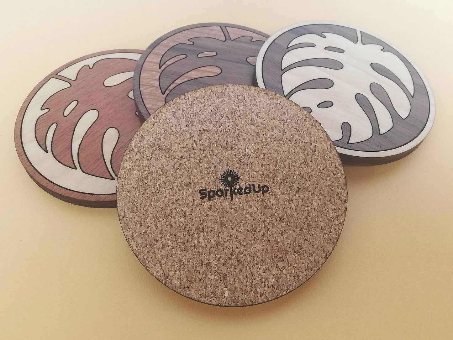 Wood Inlay Coaster Set: Monstera Leaf