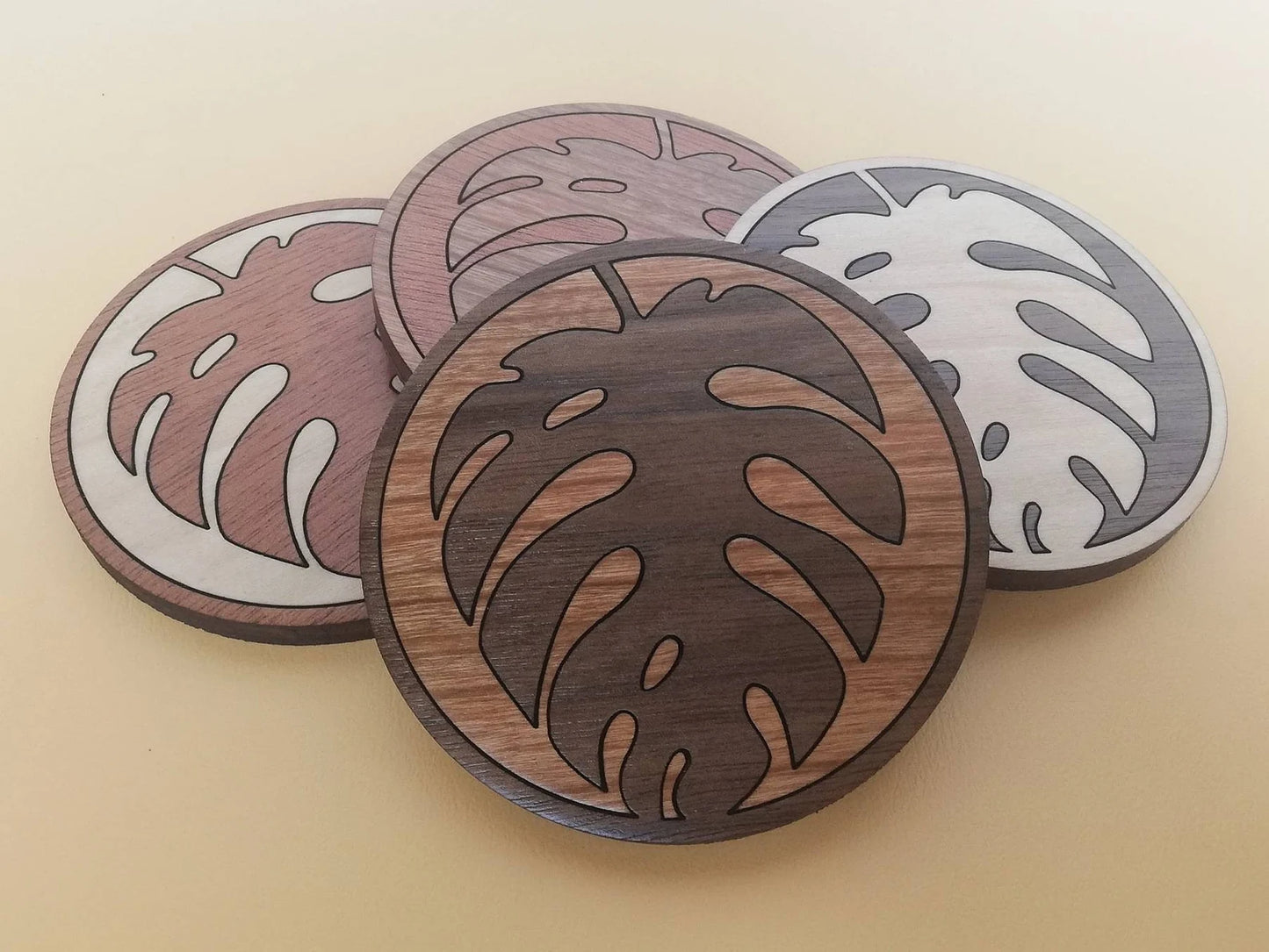 Wood Inlay Coaster Set: Monstera Leaf