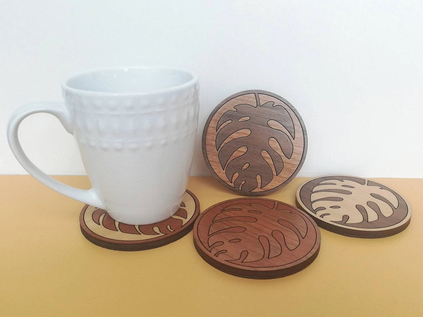 Wood Inlay Coaster Set: Monstera Leaf