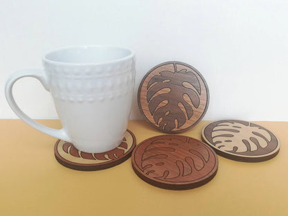 Wood Inlay Coaster Set: Monstera Leaf