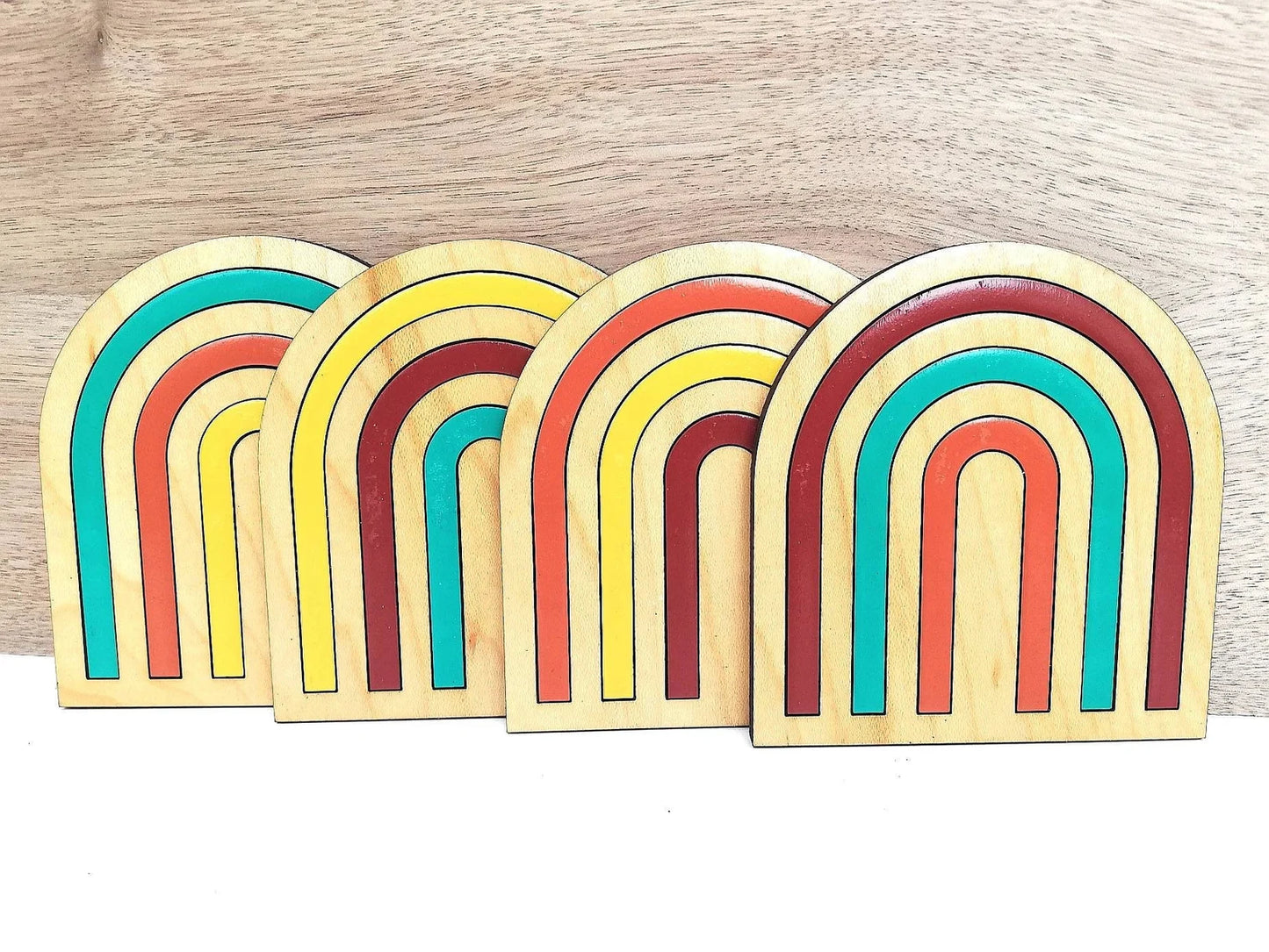 Wood Inlay Coaster Set: Boho Rainbow