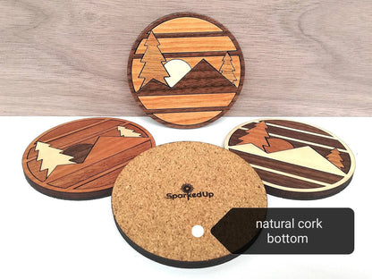Wood Inlay Coaster Set: Mountain (round)