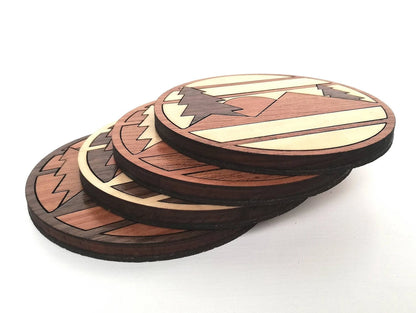Wood Inlay Coaster Set: Mountain (round)
