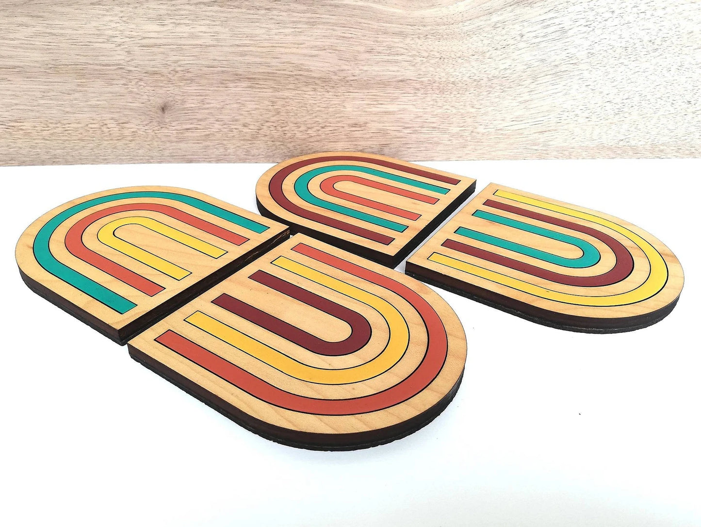 Wood Inlay Coaster Set: Boho Rainbow