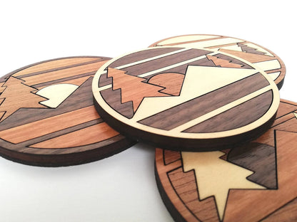 Wood Inlay Coaster Set: Mountain (round)
