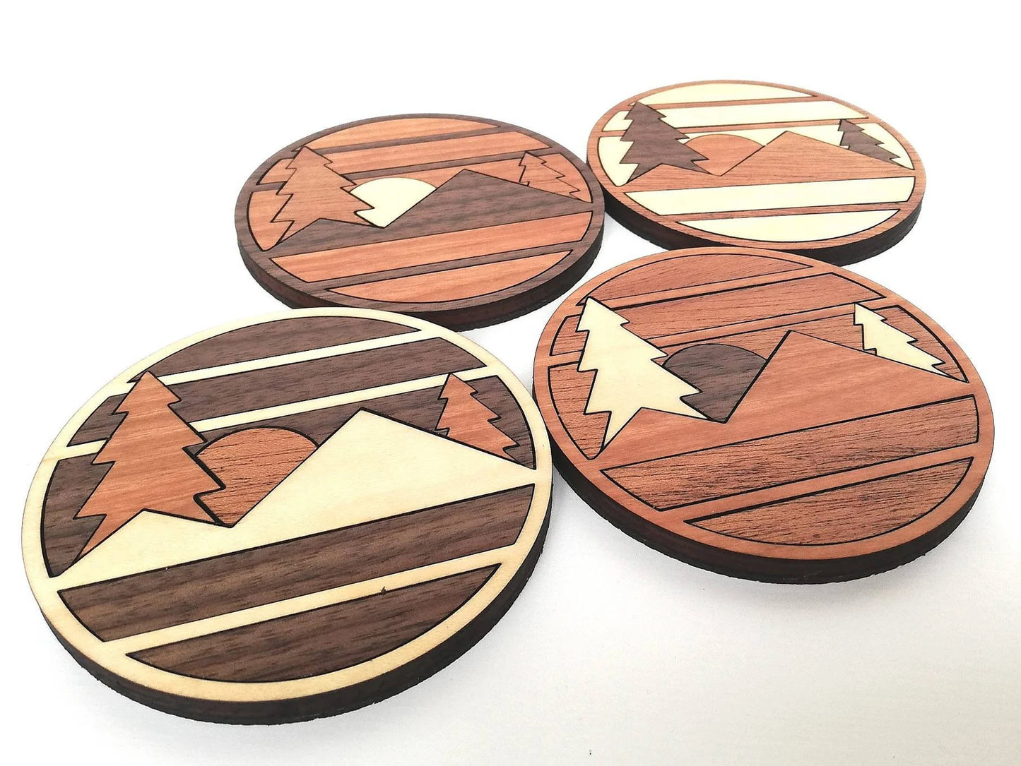 Wood Inlay Coaster Set: Mountain (round)