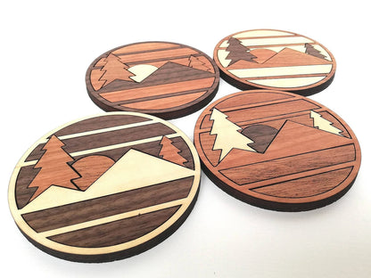 Wood Inlay Coaster Set: Mountain (round)