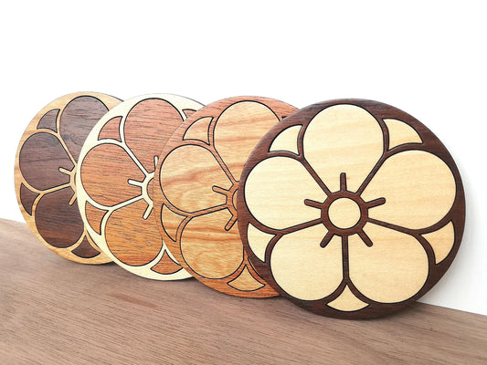 Wood Inlay Coaster Set: Japanese Cherry Blossom