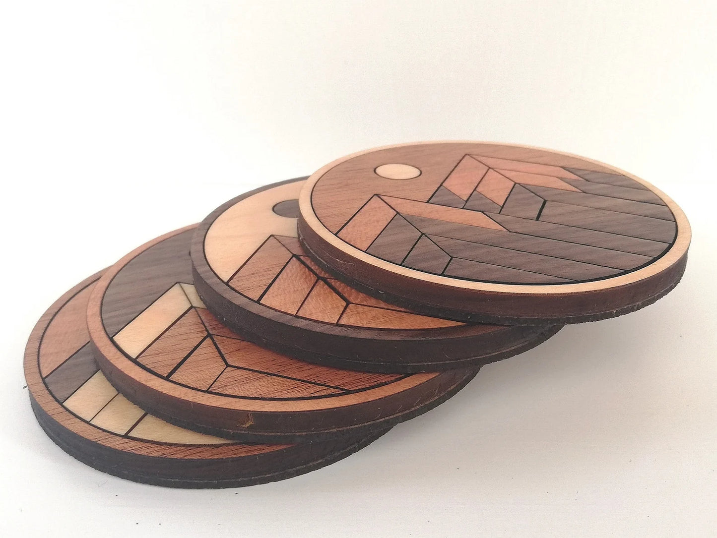 Wood Inlay Coaster Set: Rustic Mountain