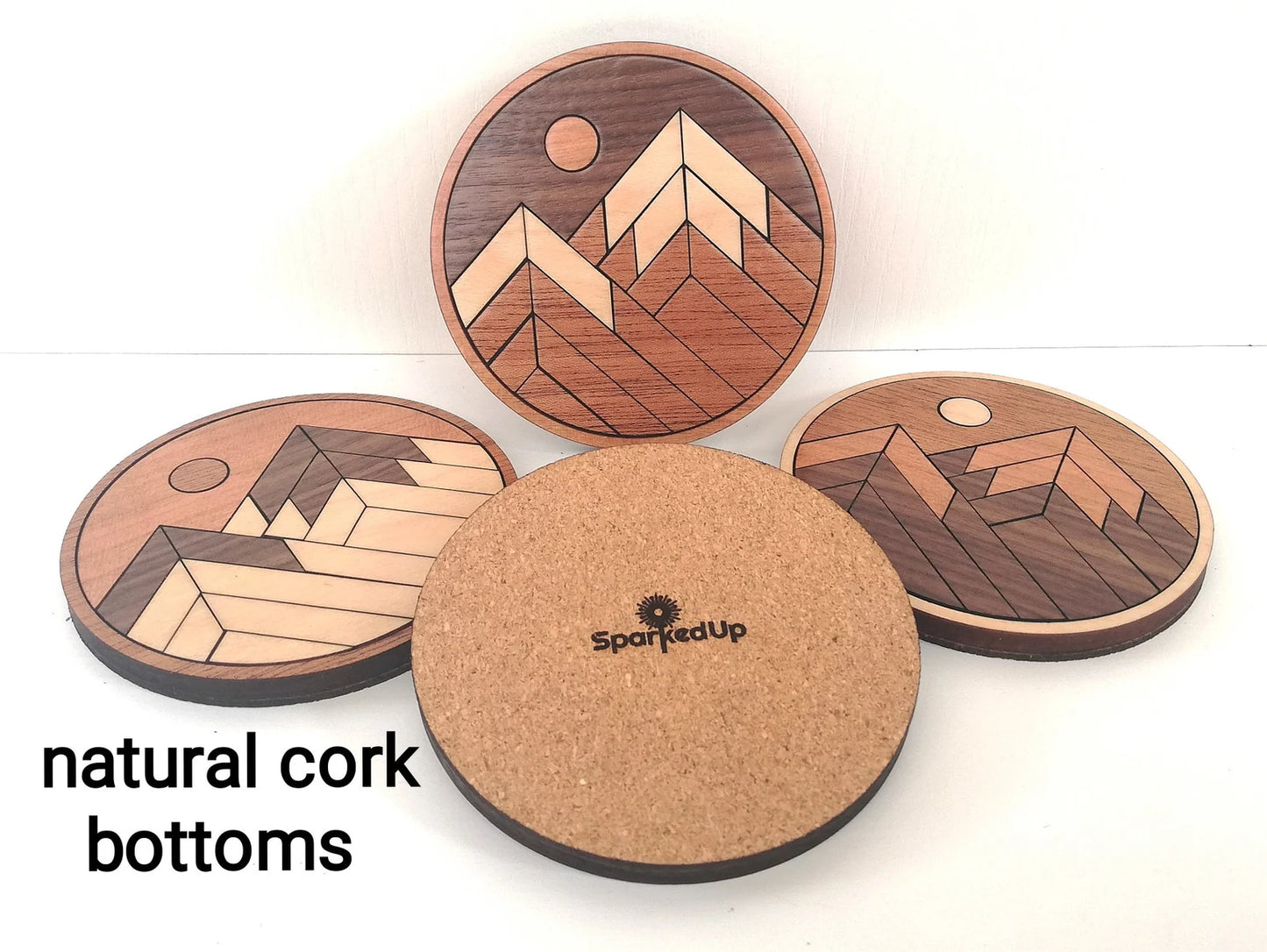 Wood Inlay Coaster Set: Rustic Mountain