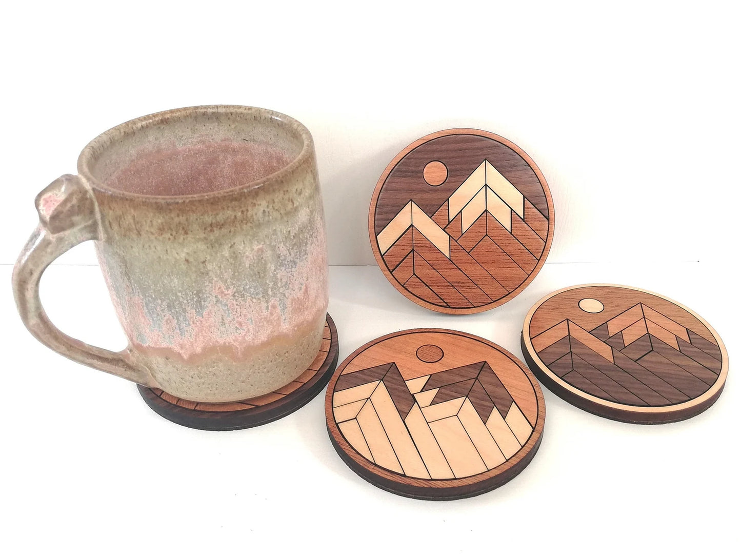 Wood Inlay Coaster Set: Rustic Mountain