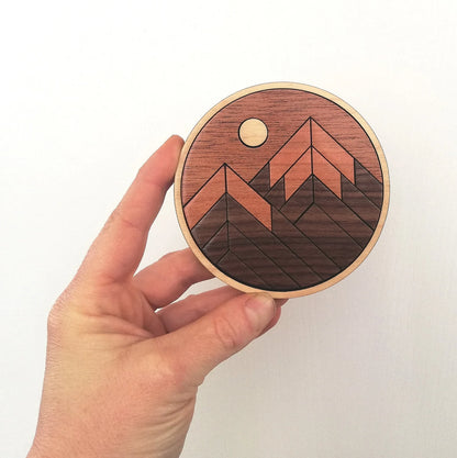 Wood Inlay Coaster Set: Rustic Mountain
