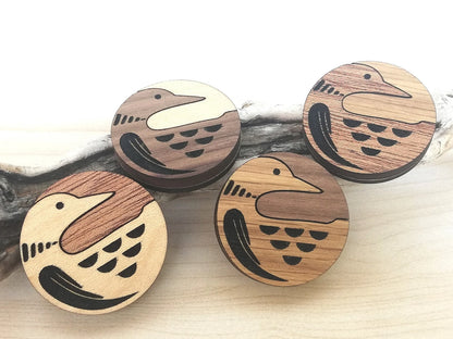 Wood Inlay Fridge Magnet Set: Loon