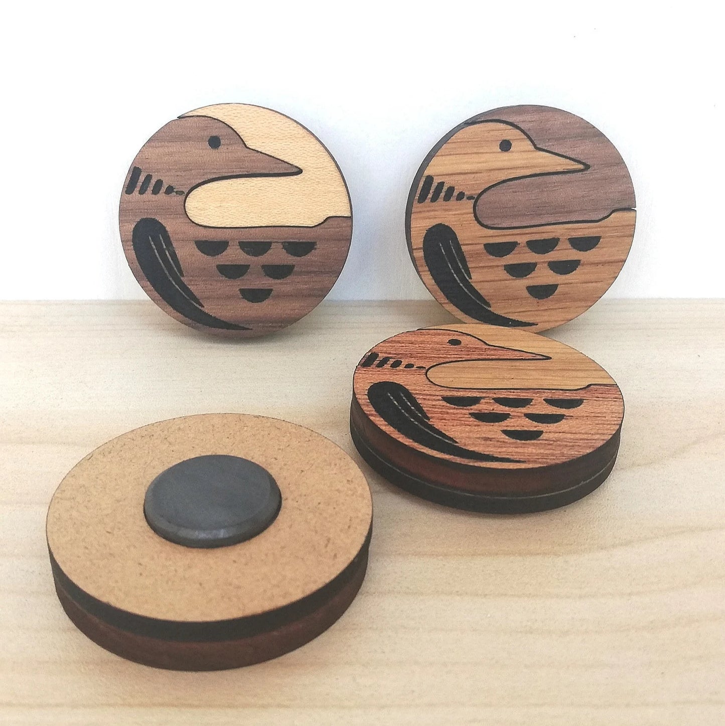 Wood Inlay Fridge Magnet Set: Loon