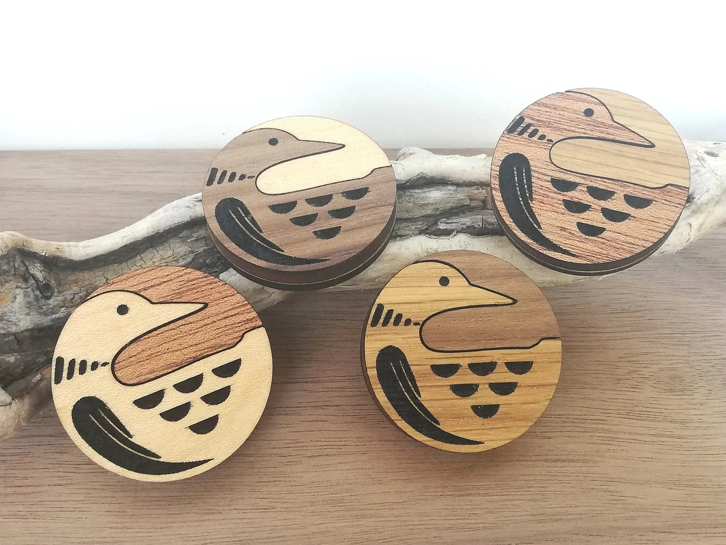 Wood Inlay Fridge Magnet Set: Loon