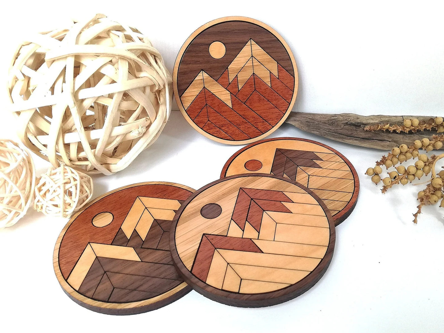 Wood Inlay Coaster Set: Rustic Mountain