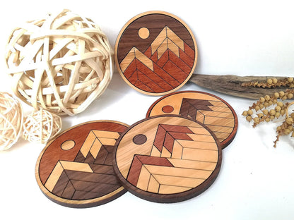 Wood Inlay Coaster Set: Rustic Mountain
