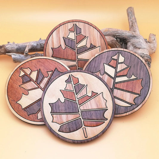 Wood Inlay Coaster Set: Maple Leaf