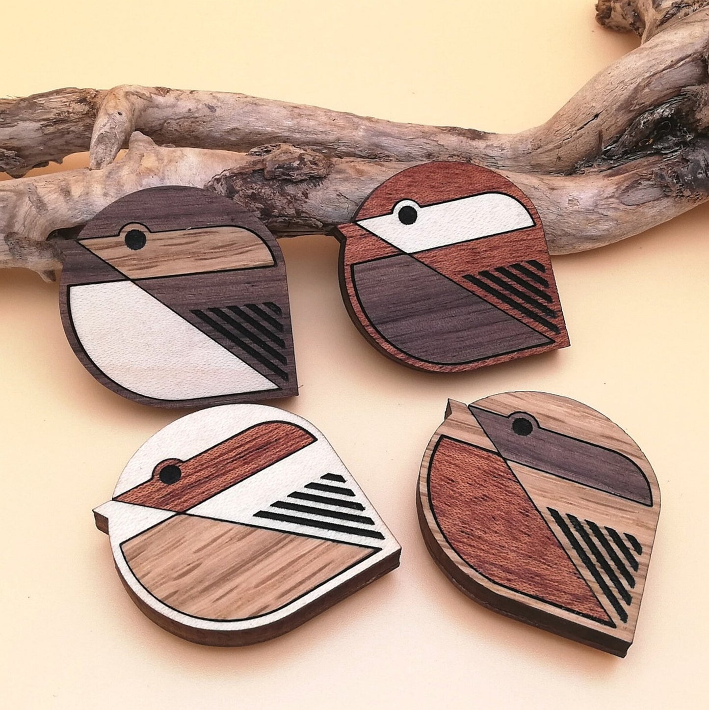 Wood Inlay Fridge Magnet Set: Birds