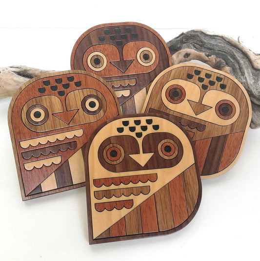 Wood Inlay Coaster Set: Retro Owls