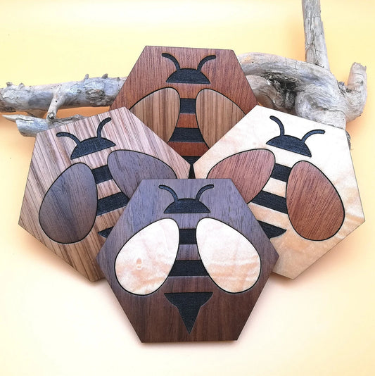 Wood Inlay Coaster Set: Honeybee