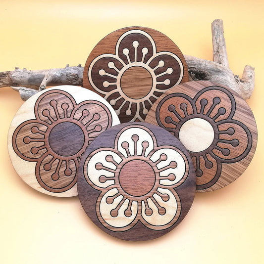 Wood Inlay Coaster Set: Cherry Blossom