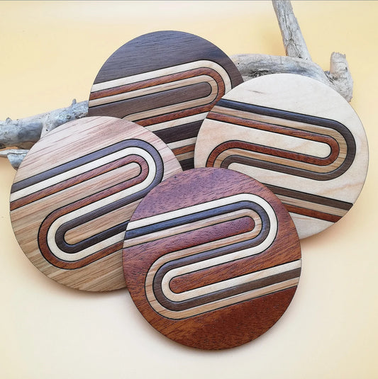 Wood Inlay Coaster Set: Midcentury Modern