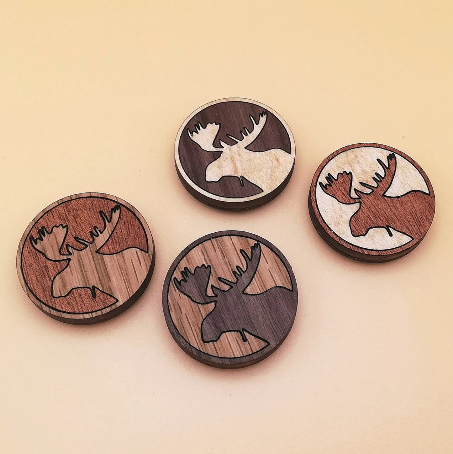 Wood Inlay Fridge Magnet Set: Moose