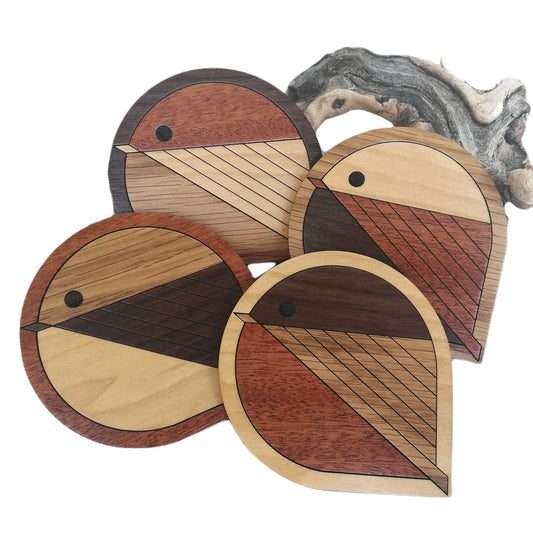 Wood Inlay Coaster Set: Chickadees