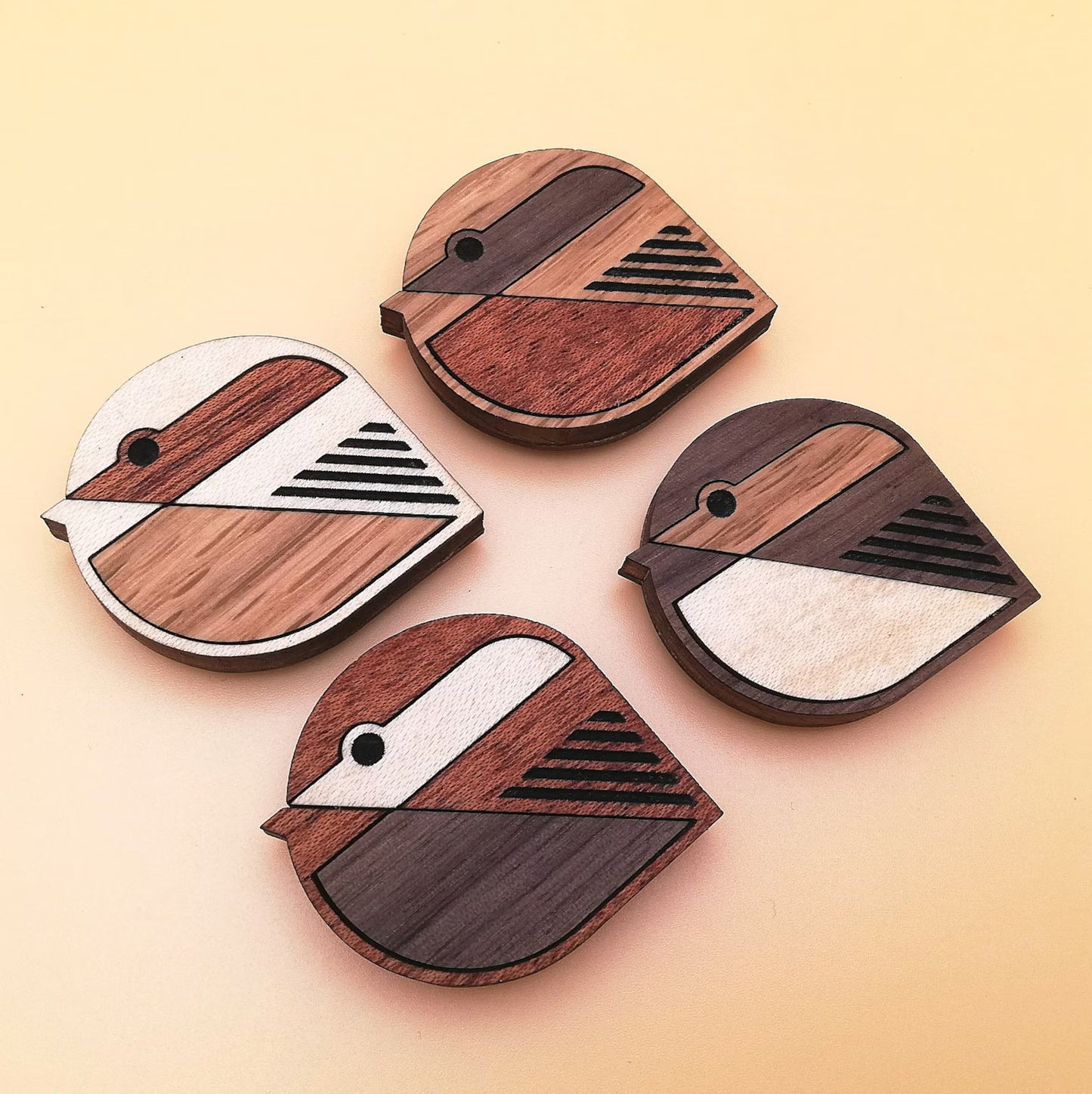 Wood Inlay Fridge Magnet Set: Birds