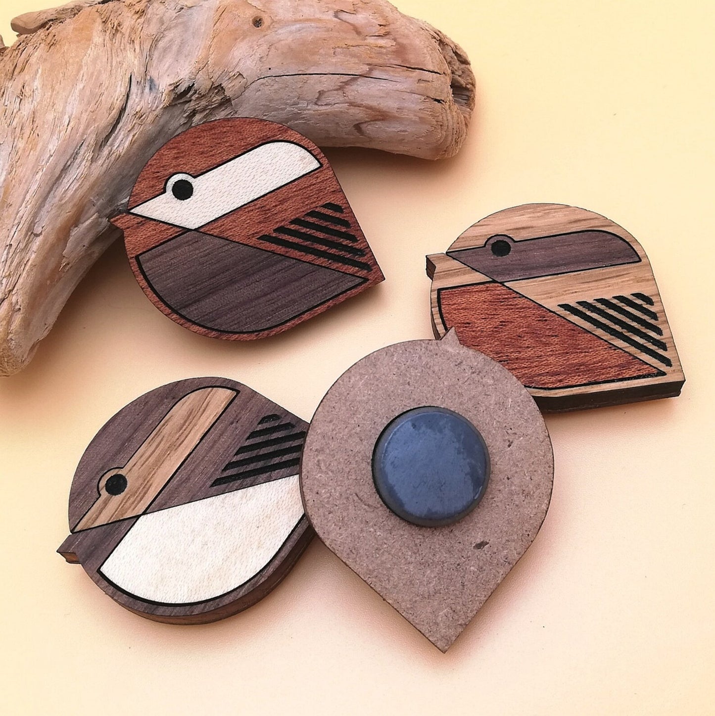 Wood Inlay Fridge Magnet Set: Birds