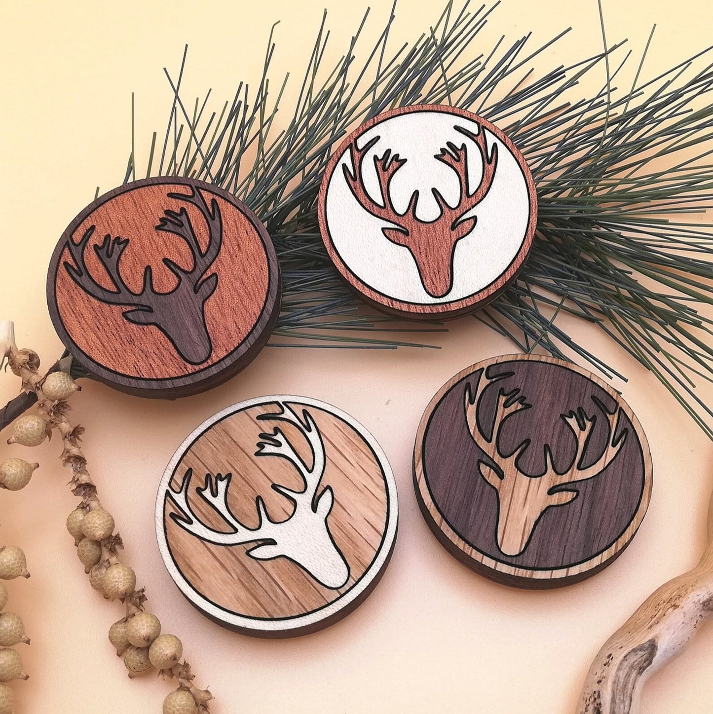 Wood Inlay Fridge Magnet Set: Antlers
